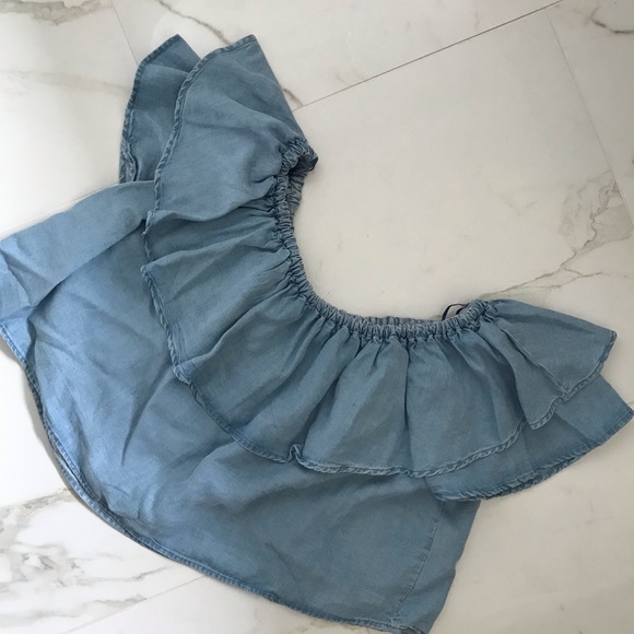 Zara Denim Ruffled off the shoulder top - Picture 2 of 3